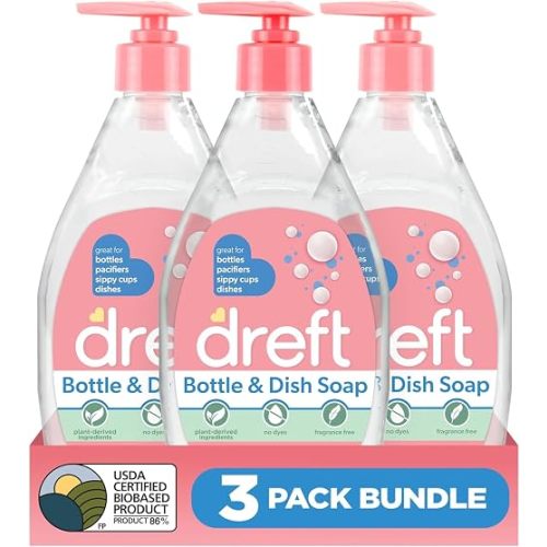 DREFT Bottle and Dish Soap | Made to Clean Baby Bottles, Sippy Cups, Pacifiers, Breast Pumps, & More | Gently Removes Milk Film & Odors | Plant Based, Fragrance Free Dish Soap | 18 Fl Oz (Pack of 3)
