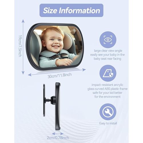 Baby Car Mirror for Backseat - Rear Facing Car Seat Mirror Safety for Infant Newborn - Easily Observe the Baby Move,Clear Wide View,360°Rotation, Secure, Shatterproof - Black