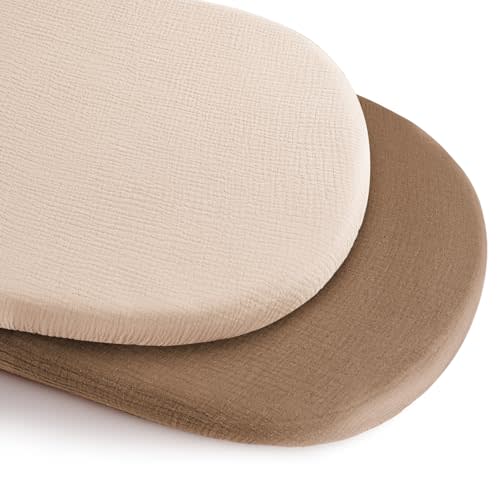 Konssy 2 Pack Muslin Bassinet Sheets for Boys, Girls, 100% Cotton Soft Breathable Fitted Bassinet Mattress Sheet, 32 x 16 inches (Brown,Summer Wheat)