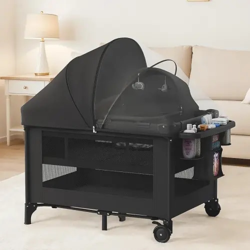 4-in-1 Baby Bassinet with Playard, Sleeper Nest, Changing Table, Mosquito Net & Canopy, Storage and Toys for Newborn to Toddler