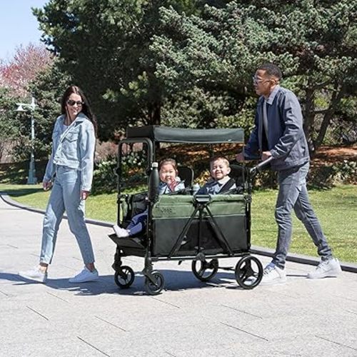 Delta Children - Jeep Wrangler Deluxe 4 Seater Stroller Wagon - Premium Quad Stroller Wagon for 4 Kids with Convertible Seats, Adjustable Push/Pull Handles, Removable Canopy & Flat Fold, Black/Green