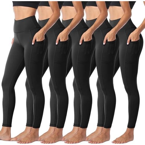Sundwudu 5 Pack Leggings with Pockets for Women - Tummy Control High Waisted Soft Black Workout Yoga Pants