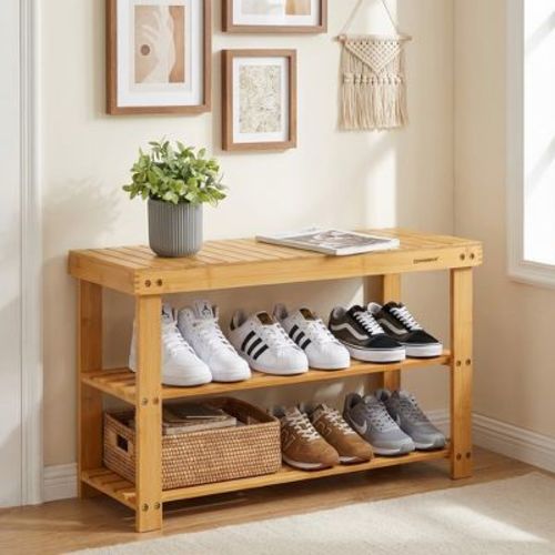 Shoe Rack Bench, 3-Tier Bamboo Shoe Storage Organizer, Entryway Bench, Holds Up to 286 lb, 11.3 x 27.6 x 17.8 Inches, for Entryway Bathroom Bedroom