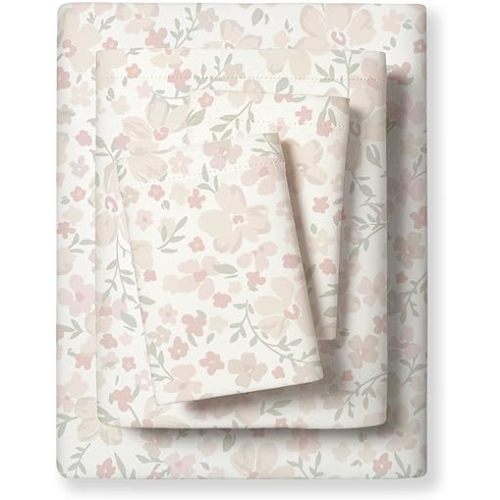 MakeMake Organics Organic Full Sheet Set GOTS Certified Organic Cotton Sheets Kids Bed Fitted Sheet Flat Sheet Pillowcases Set Non Toxic Pink Peach Flowers (Full, Blossom)