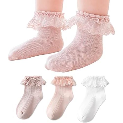 EPEIUS Baby Lace Socks Newborn Girl Eyelet Ruffle Frilly Socks Soft Breathable Seamless Cotton Sox 0-6/6-12/12-24 Months