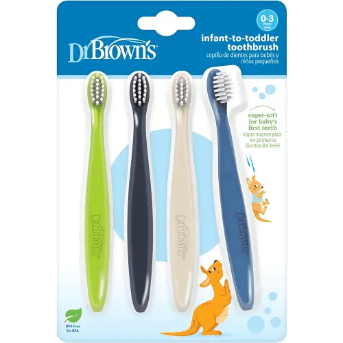 Dr. Brown's Infant-to-Toddler Toothbrush Set, Soft & Gentle Manual Toothbrushes for Baby, Green/Dark Blue/Ecru/Blue, BPA Free, 0-3 Years – 4-Pack