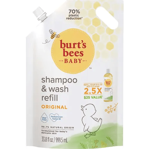 Burt's Bees Baby Shampoo and Baby Wash Refill, Original, Plant-Based Formula, Tear-Free, Pediatrician-Tested, Natural Origin, Gently Cleans Sensitive Skin and Hair, 33.8 Fl Oz