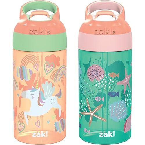 Zak Designs 16oz Riverside Kids Water Bottle with Spout Cover and Built-in Carrying Loop, Made of Durable Plastic, Leak-Proof Water Bottle Design for Travel (Unicorn & Shells, Pack of 2)