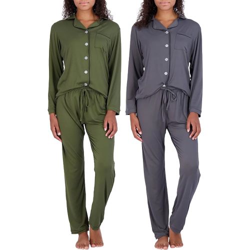 Real Essentials 2 Pack: Women's Pajamas Set Button Down Pants Soft Matching Sleepwear (Available In Plus)