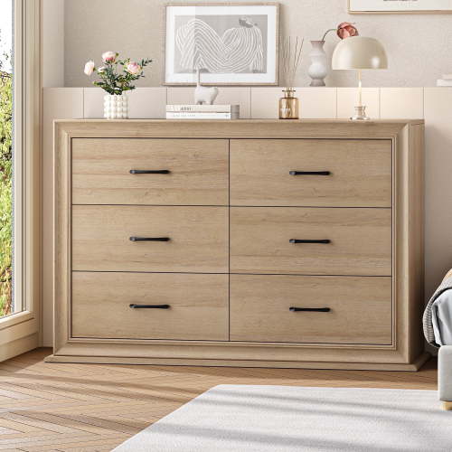 Homfa Oak Horizontal Dresser, 6 Drawer Wooden Chest for Bedroom, 47.2'' Storage Cabinet