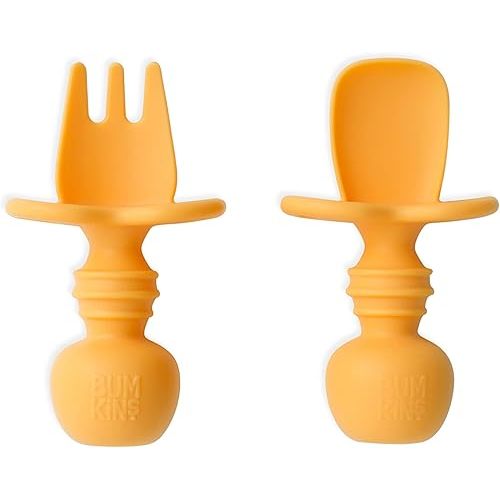 Bumkins Baby Utensils Set, Chewtensils Silicone Spoons for Dipping, Self-Feeding, Baby Led Weaning, Trainer Learning, First Stage Eating, Soft Practice Fork and Spoon, Babies 6 Months, Tangerine