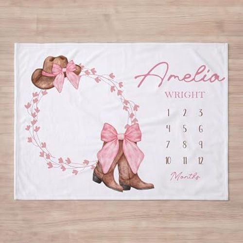 L&NG Personalized Cowgirl Baby Milestone Blanket for Girls, Pink Western Monthly Milestone Blanket with Cowboy Boots Bow Hat, Rustic Rodeo Newborn Photo Prop Gift