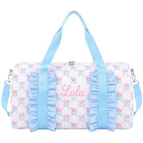 Personalized Overnight Bag for Teen Girls, Custom Embroidered Name Weekender Duffle Bag, Large Capacity Travel Carry On Bag for Sleepovers, School and Weekend Trips (Blue Toile Floral)