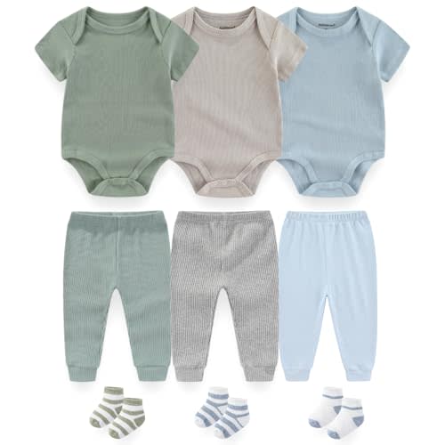 Baby Layette Gift Set 9-Piece Baby Bodysuits and Pant Socks Set Infant Boy Girl Clothes Outfits