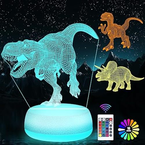 Dinosaur Night Light - 3D Acrylic 16 Color Changing Lamp with 3 Dino Patterns Remote Control, Kids Gift for Birthday Christmas