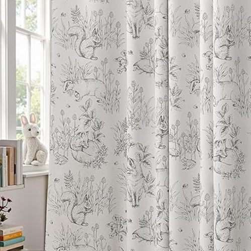 jinchan 95% Blackout Nursery Curtains 63 Inches Long, Bunny Woodland Toile Easter Decor Curtains Grey on Beige Animal Printed Drapes for Bedroom Spring Decoration Farmhouse Window Treatment 2 Panels