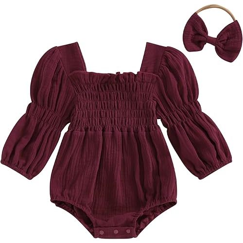 Smocked Baby Girl Clothes Newborn Girl Bubble Romper Long Sleeve Jumpsuit And Headband Outfit Cute Infant Clothing