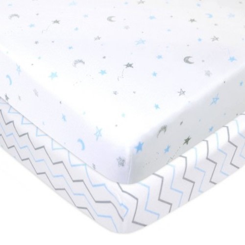 TL Care Printed 100% Cotton Knit Fitted Mini Crib Sheet - Blue 2pk: Star Pattern, Jersey Construction