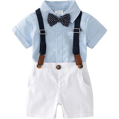Boarnseorl Baby Boys Gentleman Outfits Suits, Infant Shirt+Shorts+Bow Tie+Suspenders Clothes Set