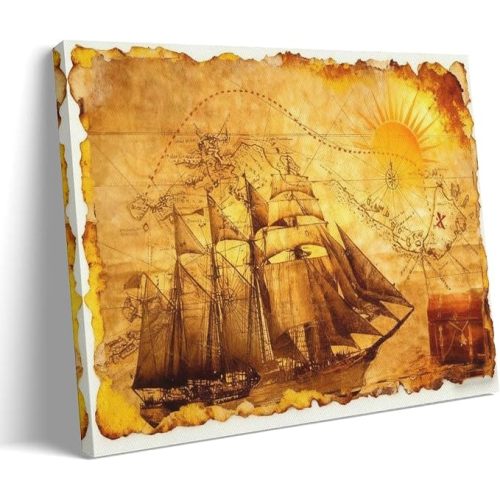 Pirate Ship Nautical Map Vintage Treasure Map Sailing Route Poster Canvas Print Painting Picture Aesthetic Wall Art Bedroom Living Room Decoration 12x18inch(30x45cm)