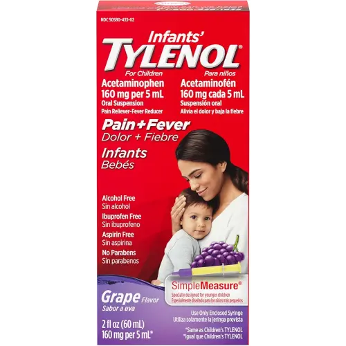 Infants' Tylenol Liquid Pain Relief & Fever Medicine, Oral Suspension, Acetaminophen for Sore Throat, Headache & Teething, Pain Reliever & Fever Reducer for Kids; Grape Flavor, 2 fl. oz.; Pack of 1