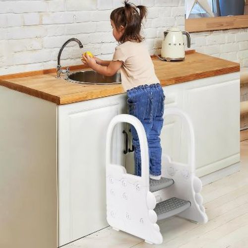 Toddler 2 Step Stool for Bathroom Sink, Anti-Slip Ladder for Kitchen Counter, Potty Training Toilet Stool with Handrail, Non-Slip Pads Grey step