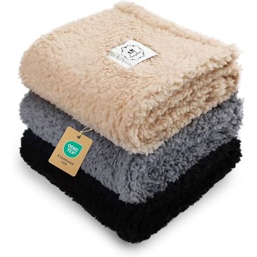 1 Pack 3 Calming Blankets Fluffy Premium Fleece Pet Blanket Soft Sherpa Throw for Dog Puppy Cat Beige/Black/Grey Small (23" x16'')