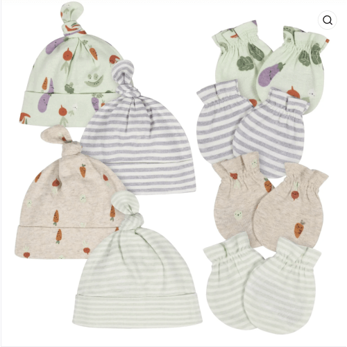 8-Piece Baby Neutral Happy Veggies No Scratch Mittens & Caps Set