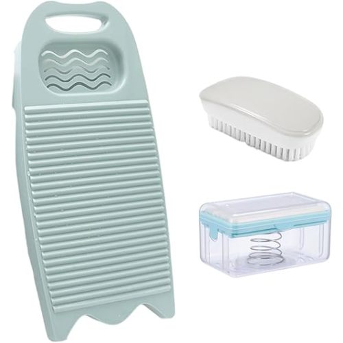 Wash Board, Washboard for Hand Washing Clothes, Plastics Laundry Scrub Board Household With Holder Portable (D-light blue+multifunctional soap dish+soft bristle brush)