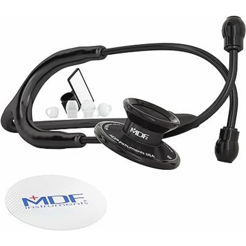 MDF Instruments, Acoustica Lightweight Stethoscope for Doctors, Nurses, Students, Home Health Use, Adult, Dual Head, Black Tube, Black Chestpiece-Headset, MDF747XPBO
