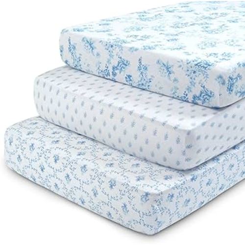 Delta Children Fitted Crib Sheets for Girls and Boys - 100% Organic Cotton Crib Sheet for Standard Crib and Toddler Mattresses - 28x52 Inch - GOTS Certified (Pack of 3), Blue Botanicals