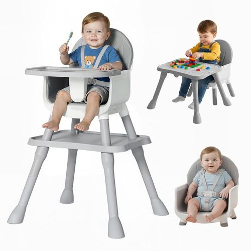 6-in-1 Convertible Baby Highchair, Booster Seat, Toddler Chair & Building Block Table, with Removable Tray, Easy Clean Cushion & 5-Point Harness (Grey)