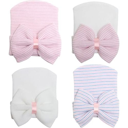DRESHOW BQUBO 4 Pack Newborn Hospital Hat Infant Baby Hat Cap with Big Bow Soft Cute Knot Nursery Beanie
