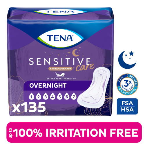 Tena Sensitive Care Extra Coverage Overnight Incontinence Pads for Women, 135 Count