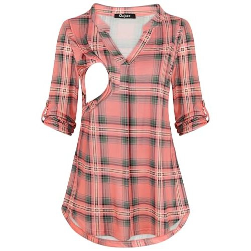 Quinee Nursing Tops for Breastfeeding Maternity 3/4 Rolled Sleeve Breastfeeding Shirts for Women