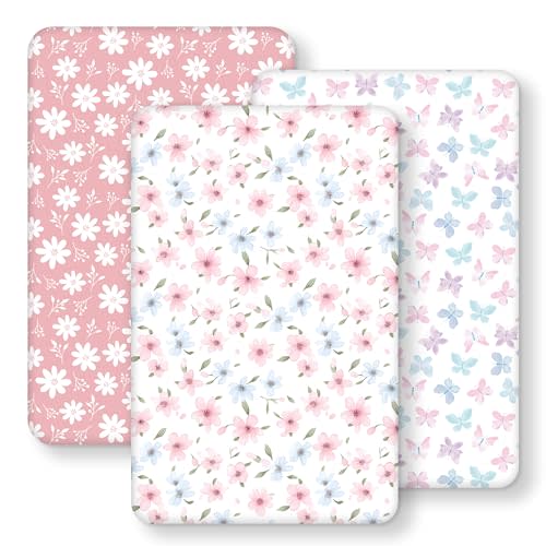 Baby Bedside Bassinet Sheets Girl, 33”x20” Compatible with Baby Delight Dream On Me & Most Rectangle Bedside Sleeper Bassinet Mattress, Super Soft Microfiber Pink Butterfly Flower
