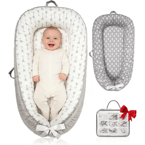 Baby Lounger | Organic Cotton Infant Floor Lounger | Reversible, Adjustable & Portable | 2 Assorted Promotional Colors (Gray Arrow & White Arrow) - Random Delivery, Please Confirm Before Ordering