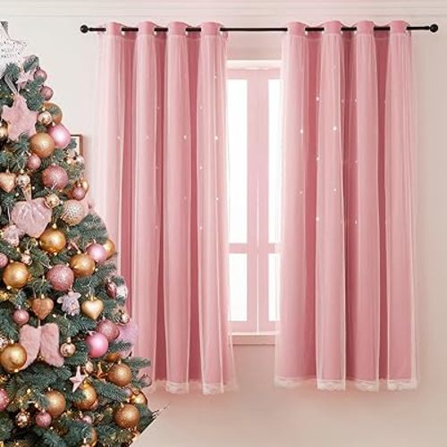 Pink Curtains for Girls Room - Aesthetic Star Cutout Blackout Double Layer with Sheer Overlay, 72 Inch Length 2 Panels Kids Bedroom Curtain Cute Nursery Decor Drapes