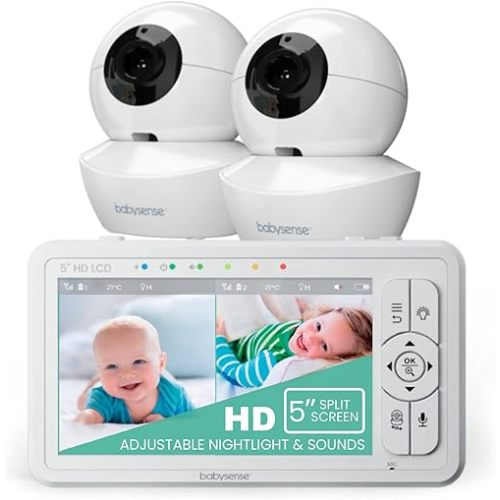 Babysense 5" HD Split-Screen Baby Monitor, Video Baby Monitor with 2 Cameras and Audio, Night Light, 960ft Range, Two-Way Audio, 4X Zoom, Night Vision, 4000mAh Battery