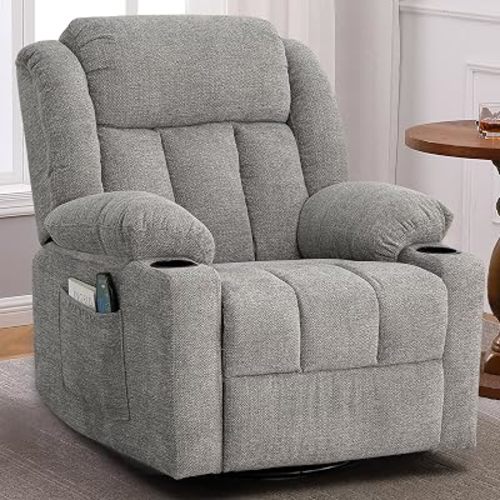 Ketaiyou Rocker Swivel Recliner Chair for Adults, Overstuffed Large Manual Recliner Glider with Massage and Heat, Comfy Soft Fabric Living Room Reclining Sofa Chair (Lime Gray1)