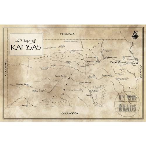 Kansas Map / Tolkien Inspired / Free US Shipping
