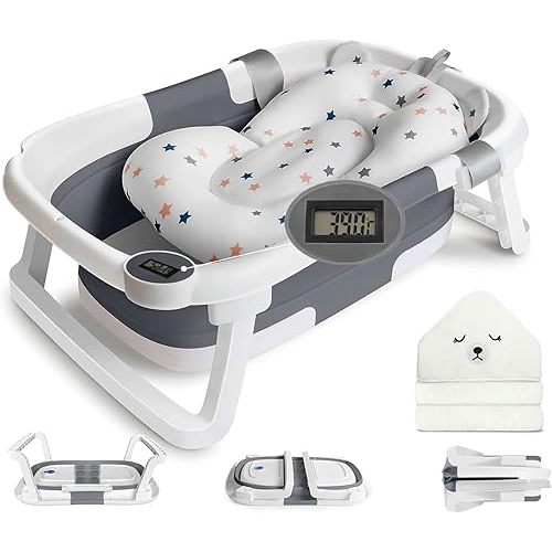 Collapsible Baby Bathtub for Infants to Toddler, Portable Travel Bathtub Multifunctional Bathtub with Drain Hole, Baby Folding Bathtub for Newborn 0-36 Month (grey+Floating Baby Bath Cushion)