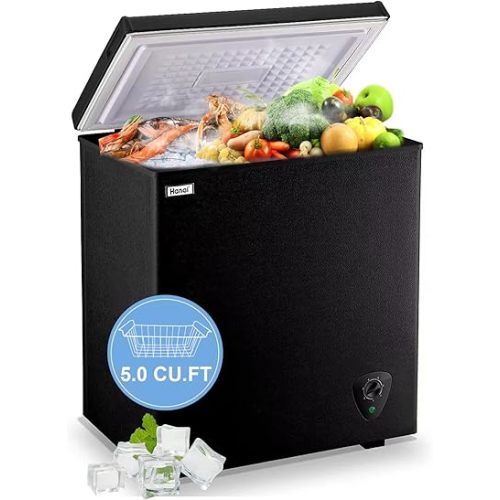 WANAI 5.0 Cu.Ft Compact Chest Freezers with 7 Adjustable Thermostat Top Open Door Freezer Compressor Cooling with Removable Storage Basket, Energy Saving Perfect for Home Bar Dorm or Apartment, Black