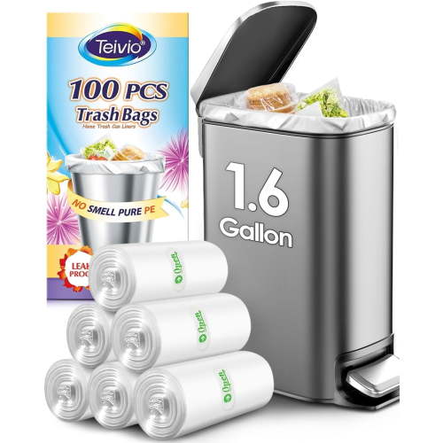 1.6 Gallon 100 Counts Strong Trash Bags Garbage Bags by Teivio, Bathroom Trash Can Bin Liners, Small Plastic Bags for home office kitchen, Clear
