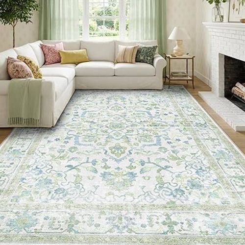 CAPALOCA Machine Washable Rugs Nursery Rug 8x10 Cute Girl Non Slip Low Pile Water Repellent Soft Print Pattern for Bedroom Indoor Decor Kids Playroom Green Blue