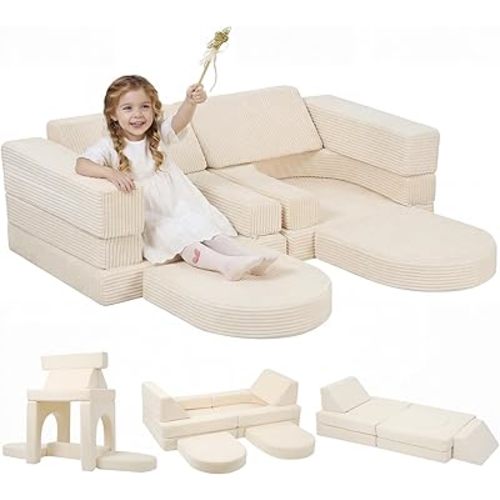 MeMoreCool 10-Piece Kids Modular Play Couch, Beige Corduroy Foam Sofa for Toddlers, Convertible Playroom Furniture and Fort Building Set for Boys and Girls