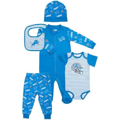 Gertex NFL Team 5-Piece Baby Layette Gift Set | 100% Organic Cotton Bodysuit, Sleeper, Pants, Hat & Bib