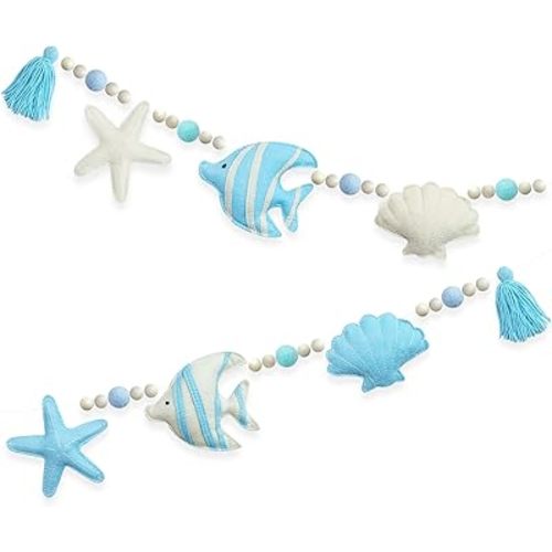 Under the Sea Decorations Pre-Strung Handmade Felt Blue Beige Ocean Fish Starfish Shell Banner Blue Aqua Wool Felt Ball Wooden Beads Tassel Garland for Ocean Beach Shell Mantle Fireplace Home Decor