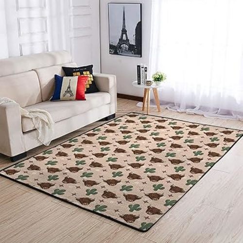 Western Highland Cows Nursery Area Rugs for Baby Girl Boy Boho Cows Cactus Stars Kids Throw Mats for Bedroom Playroom Classroom Living Room Decor Country Farm Animals Floor Carpet 36x60inch