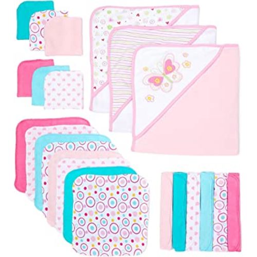 Spasilk Bath Hooded Towels & Washcloths Set for Babies, 23-Piece Gift Set, White Butterfly